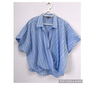 IKY & ME STRIPE SHORT SLEEVE FAUX WRAP SHIRT